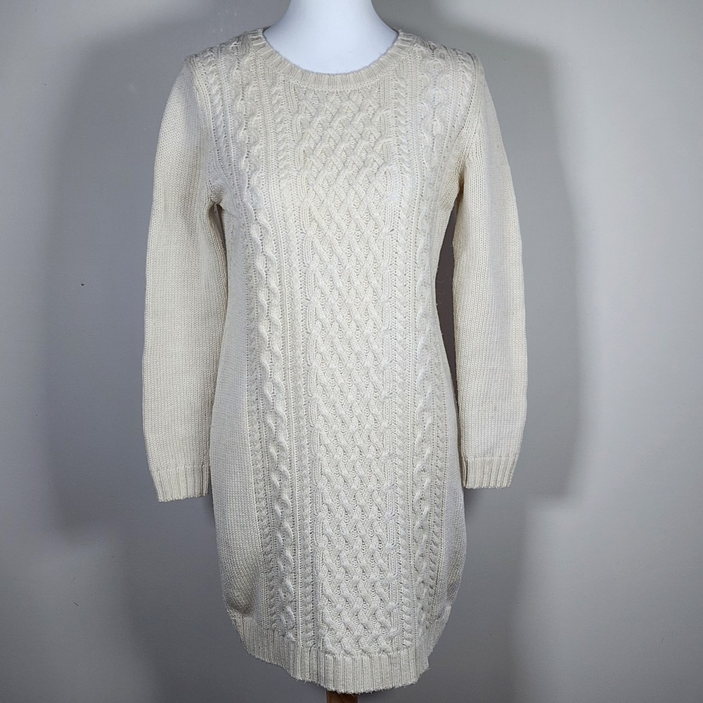 GAP Wool Blend Sweater Dress Womens Small Cable Knit Long Sleeve Cream‎ Preppy